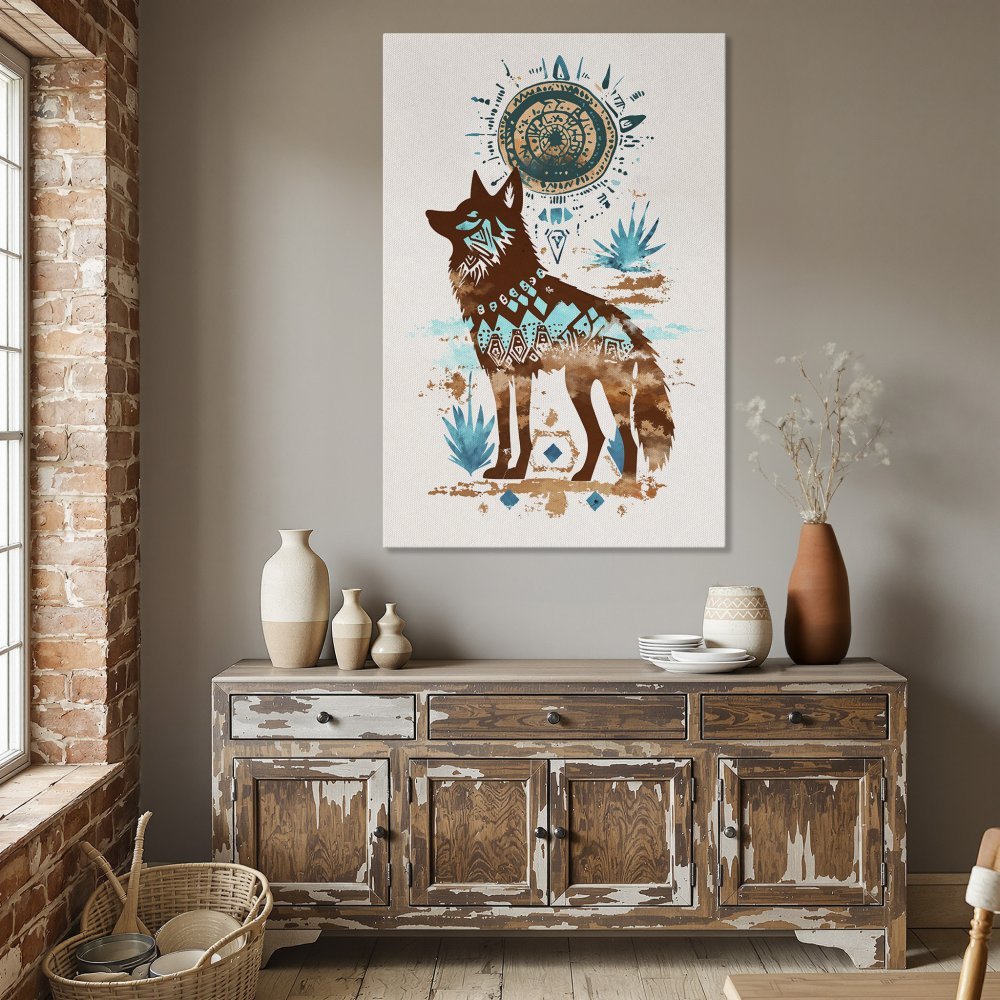 Framed Wall Art: Watercolor wolf print in boho style, featuring brown, turquoise, and gold hues. Perfect for adding a touch of nature to your decor.