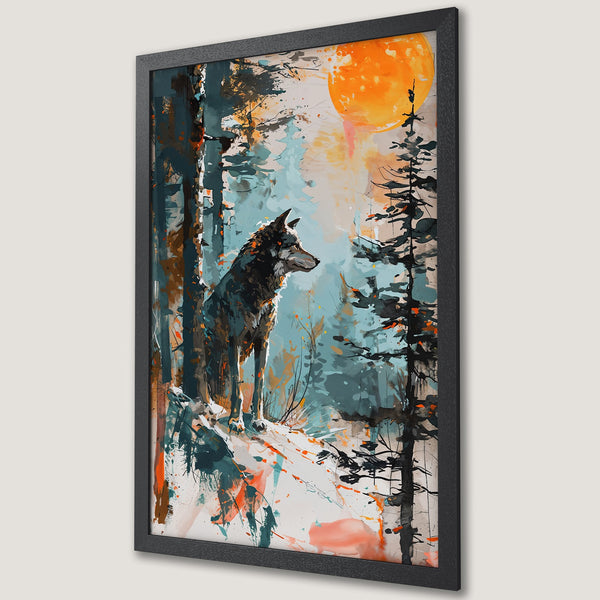 Framed Poster of a wolf in an abstract forest scene. Features a teal, orange, and black color palette in a modern art style. Perfect wall decor.