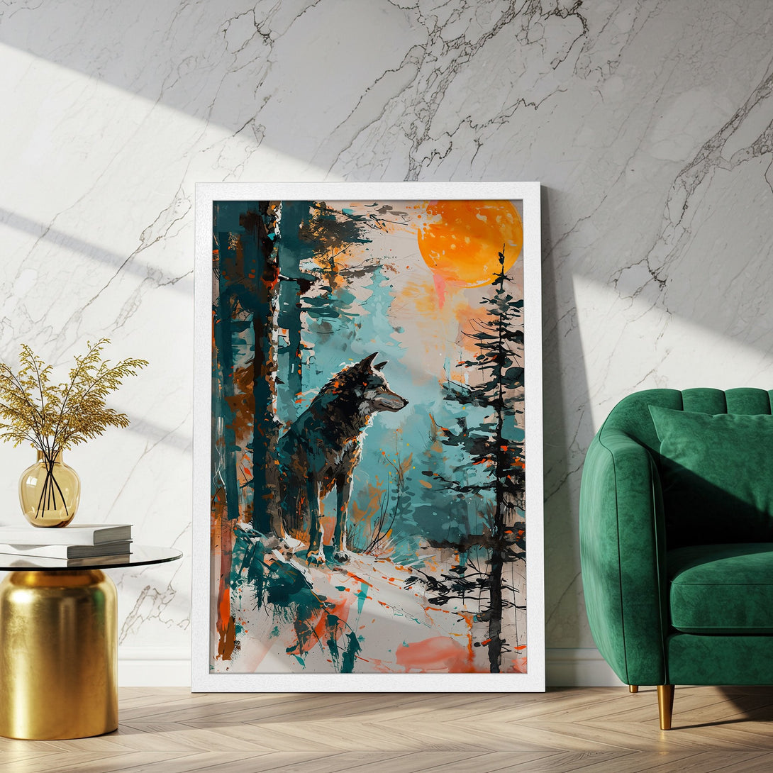 Framed Poster featuring a wolf in an abstract forest scene. Modern art style with teal, orange, and gray color palette. Add a touch of nature to your home!