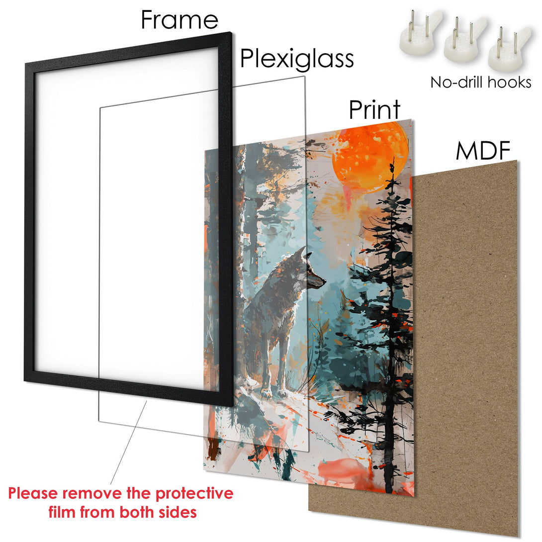 Framed Poster featuring a wolf in a forest, artistic style with teal, orange, and gray tones. Perfect wall art for your home!
