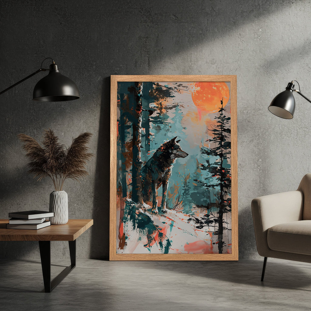 Framed Poster featuring a wolf in a forest scene, artistic style with teal, orange, and grey tones. Elevate your space!