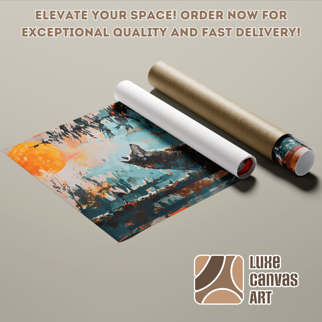 Poster Roll featuring an abstract wolf art print in teal, orange, and brown. Elevate your space with Luxe Canvas Art!