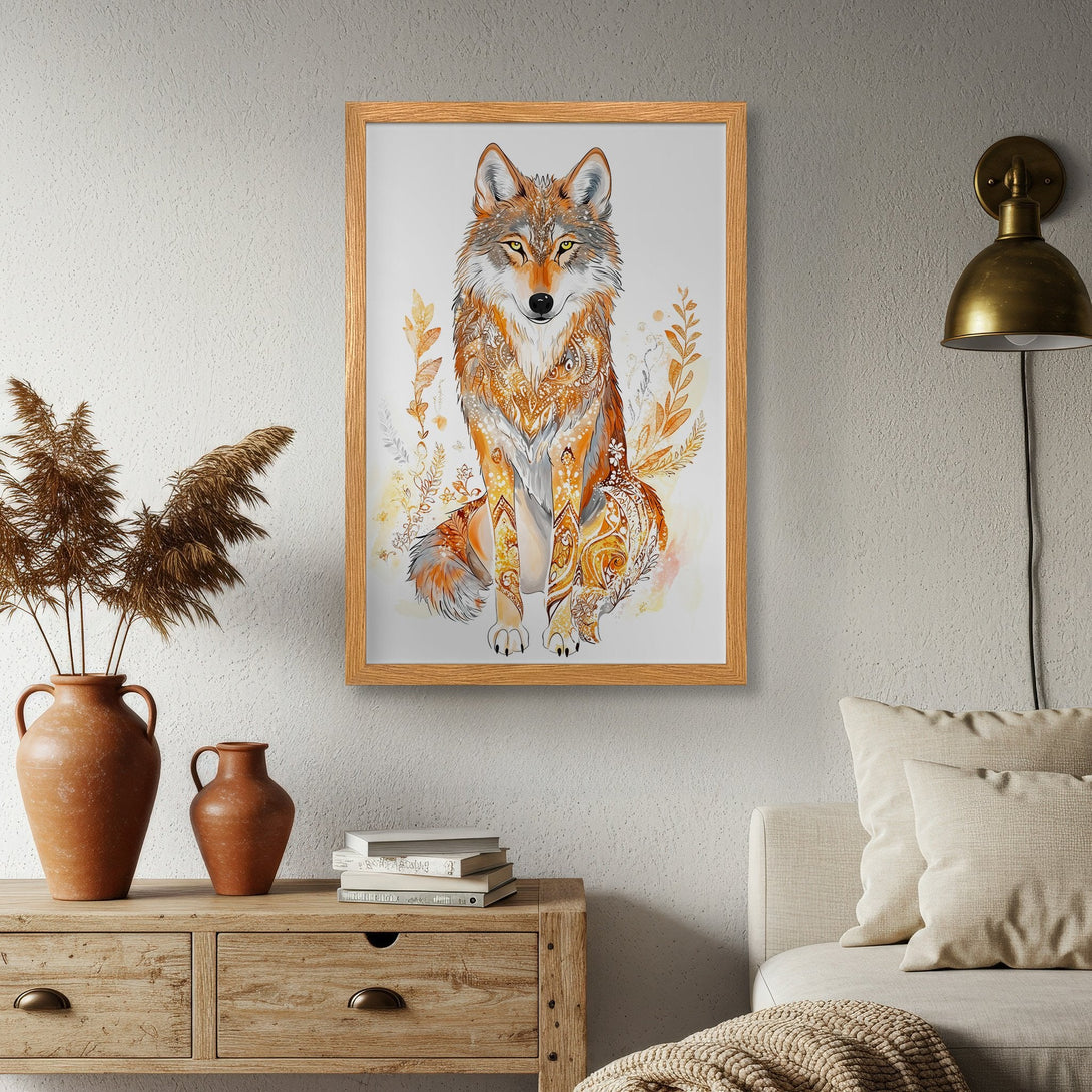 Framed Poster featuring a detailed wolf illustration in warm orange and brown tones. Perfect wall art for a cozy, nature-inspired home.