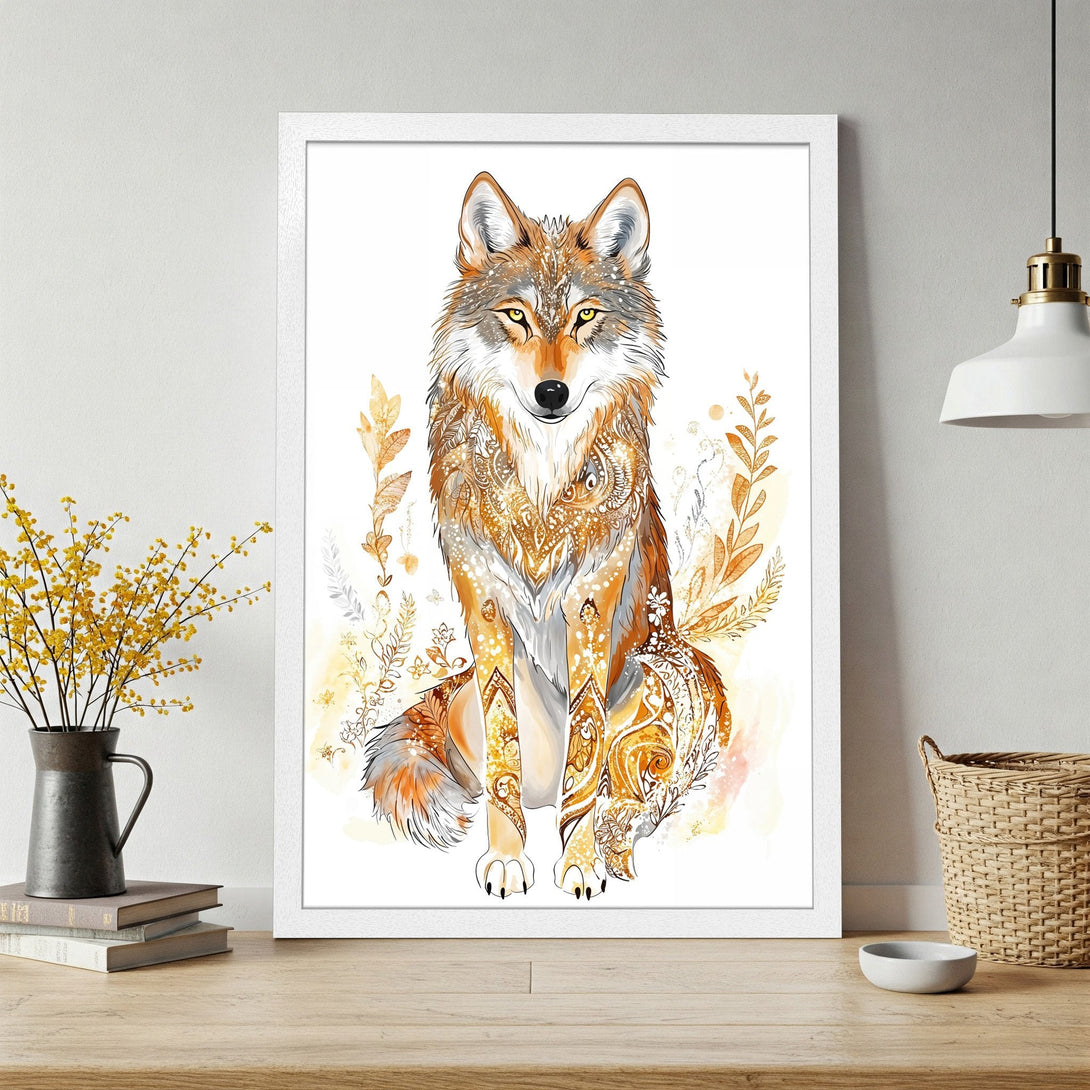 Framed Poster featuring a detailed wolf illustration in warm orange and gold tones. Perfect wall art for a nature-inspired home.