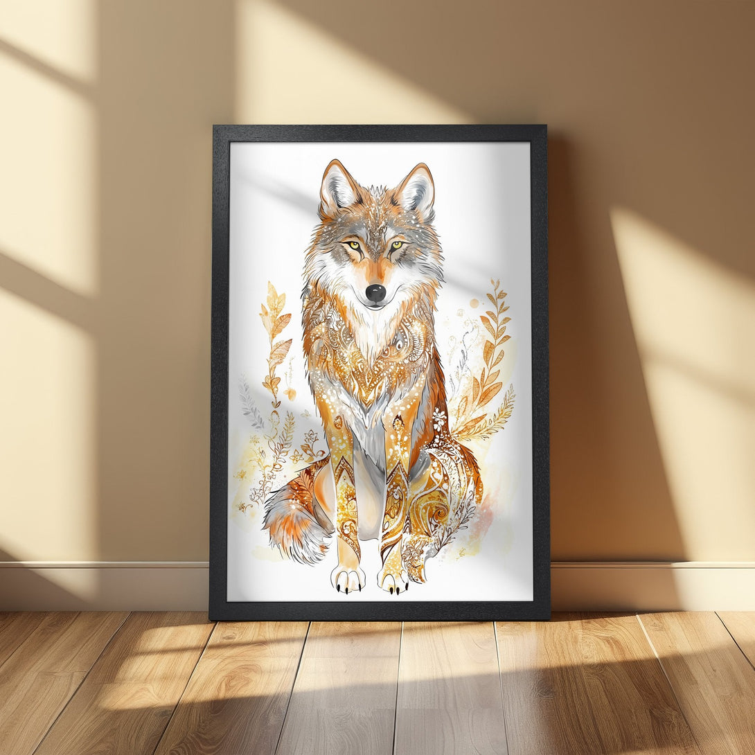 Framed Poster featuring a detailed watercolor wolf with intricate patterns. Warm gold and brown color palette, perfect for home decor.