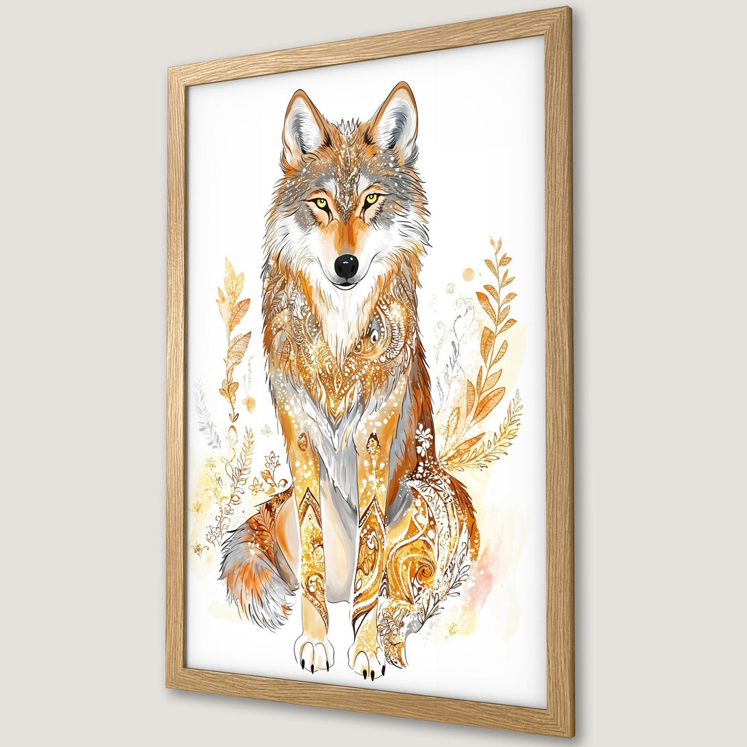 Framed Poster featuring a watercolor wolf with intricate patterns and a warm, earthy color palette. Perfect wall art!