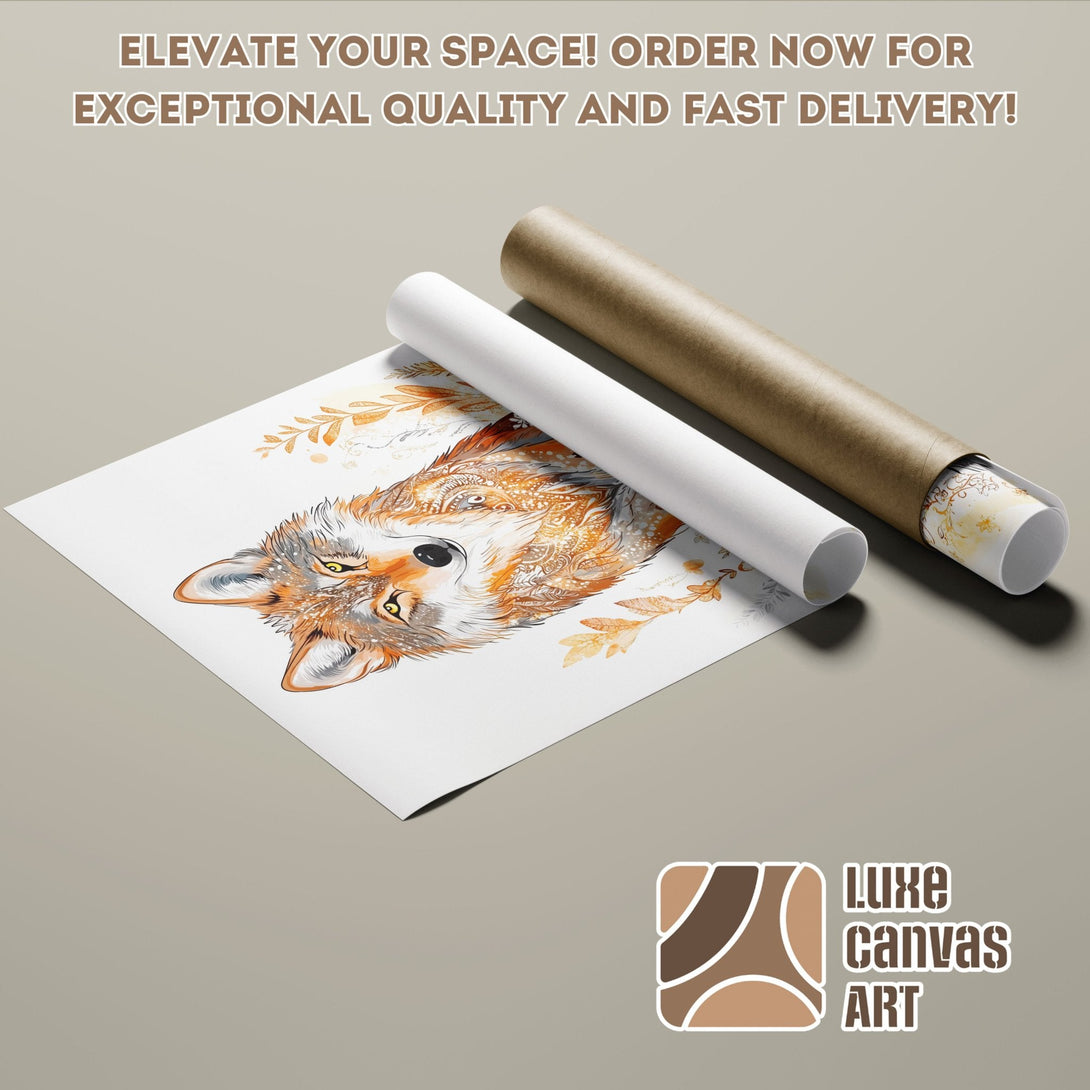 Poster Roll featuring a detailed wolf illustration in warm earth tones. Perfect art for any space! Order now!