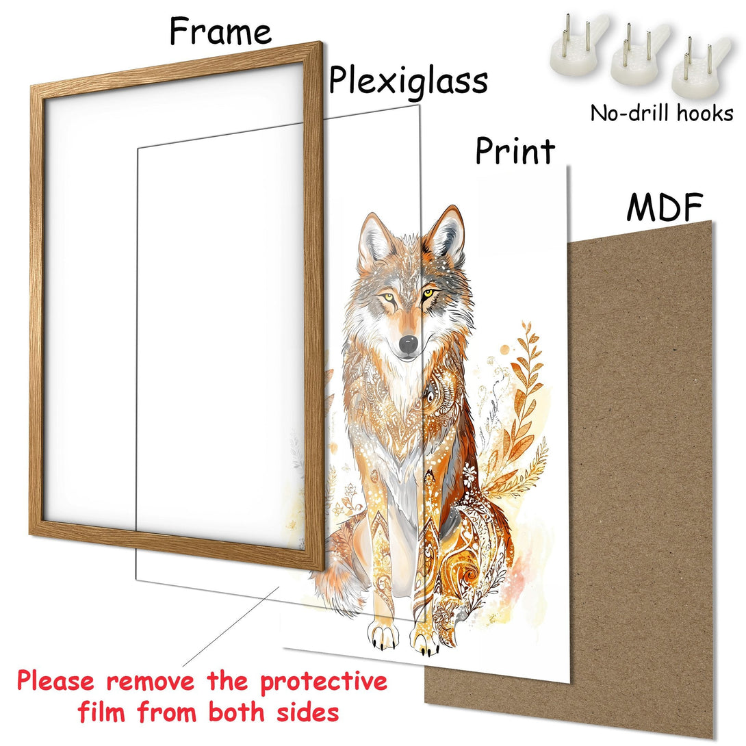 Framed Poster featuring a detailed wolf illustration in warm, earthy tones. Perfect wall art for a rustic or bohemian decor style.