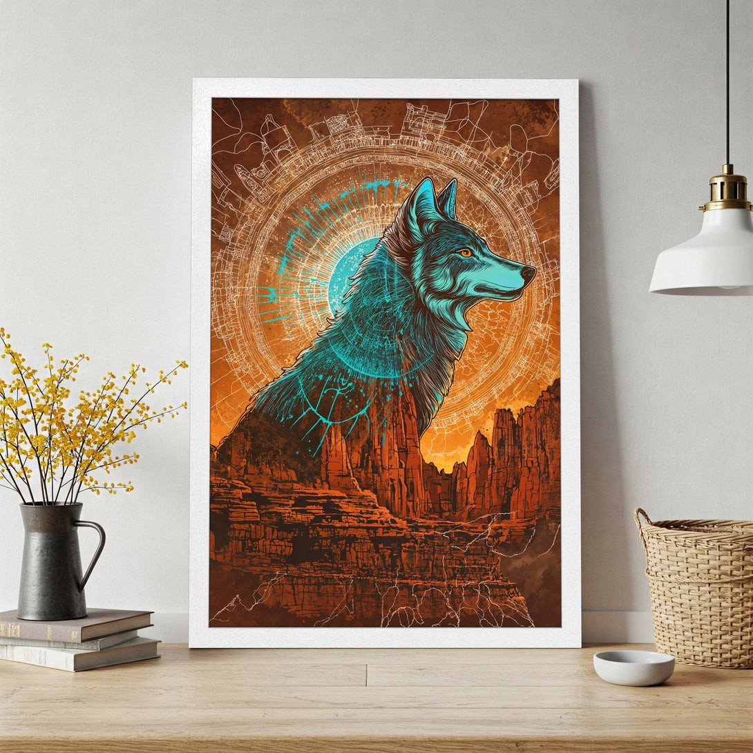 Framed Poster featuring a stylized wolf in teal & orange. Perfect wall art for a modern, nature-inspired home. Shop now!