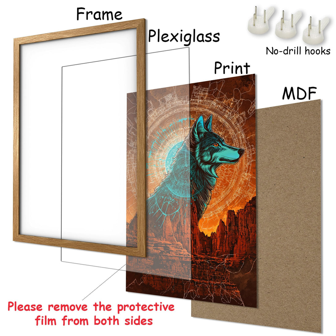 Framed Poster featuring a wolf in a vibrant, geometric style with a warm orange and teal color palette. Perfect wall art!