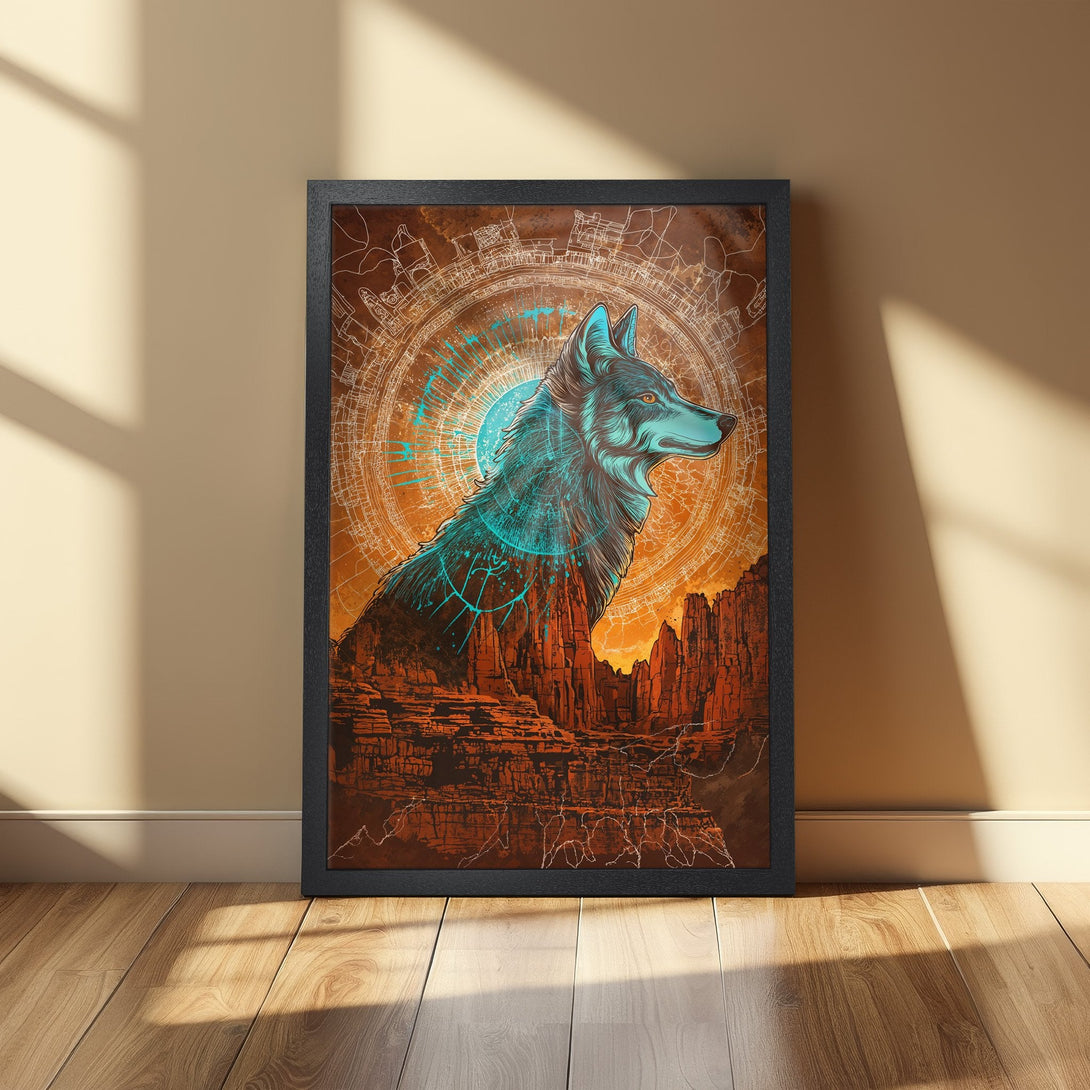 Framed Poster featuring a wolf in a desert landscape. Artistic style with teal, orange, and brown color palette. Perfect wall art!