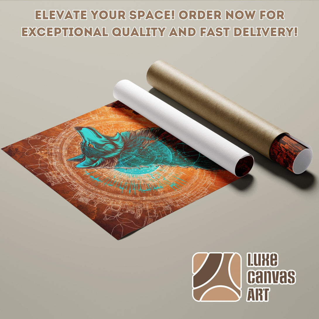 Poster Roll featuring a wolf illustration in teal and orange, perfect for modern decor. Order now!