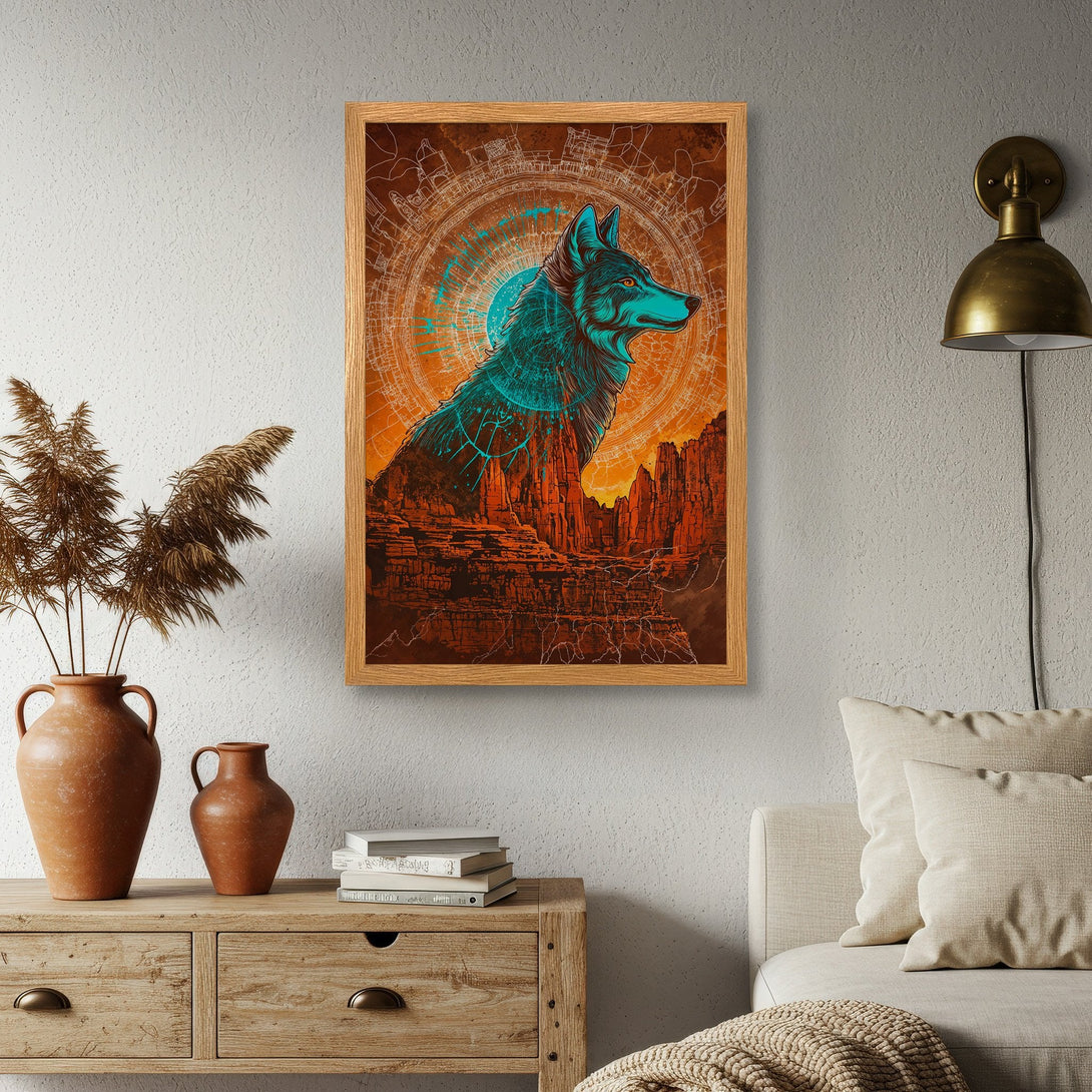 Framed Poster featuring a wolf in a desert landscape. Stylish illustration with teal and orange color palette. Perfect wall art!
