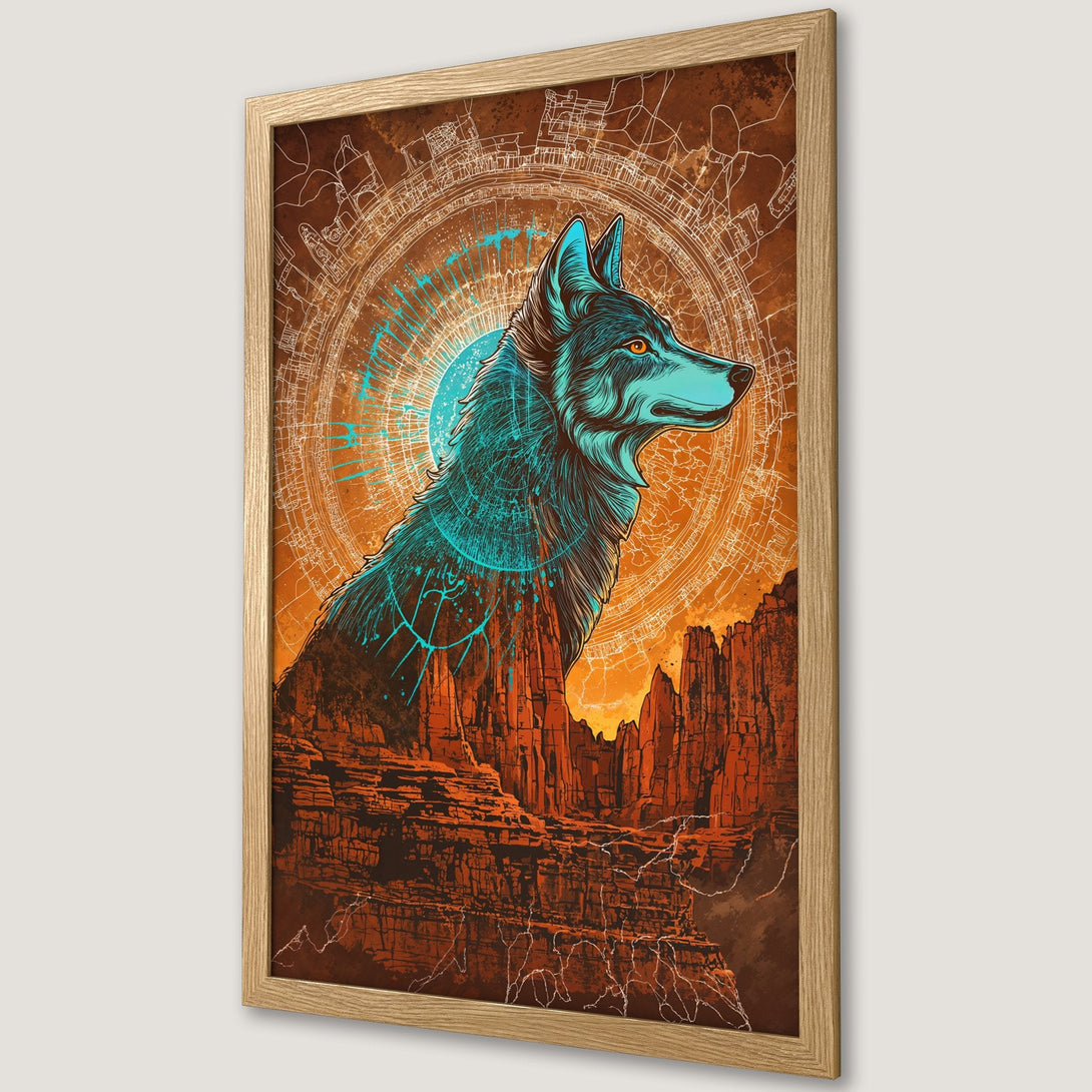 Framed Poster featuring a wolf illustration in turquoise and orange. Stylish art print for your home decor.