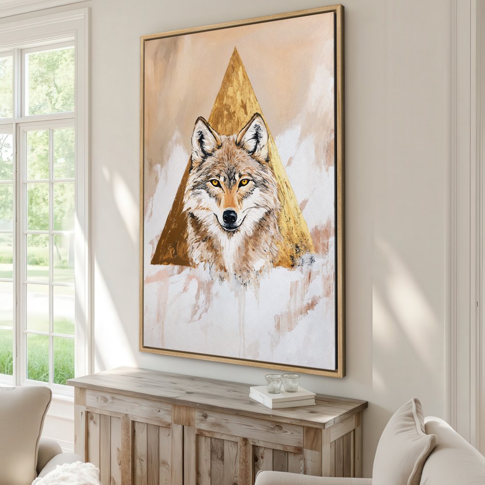 Framed Wall Art: Majestic wolf portrait in gold and neutral tones. Modern abstract canvas print adds a touch of wilderness to your home decor.