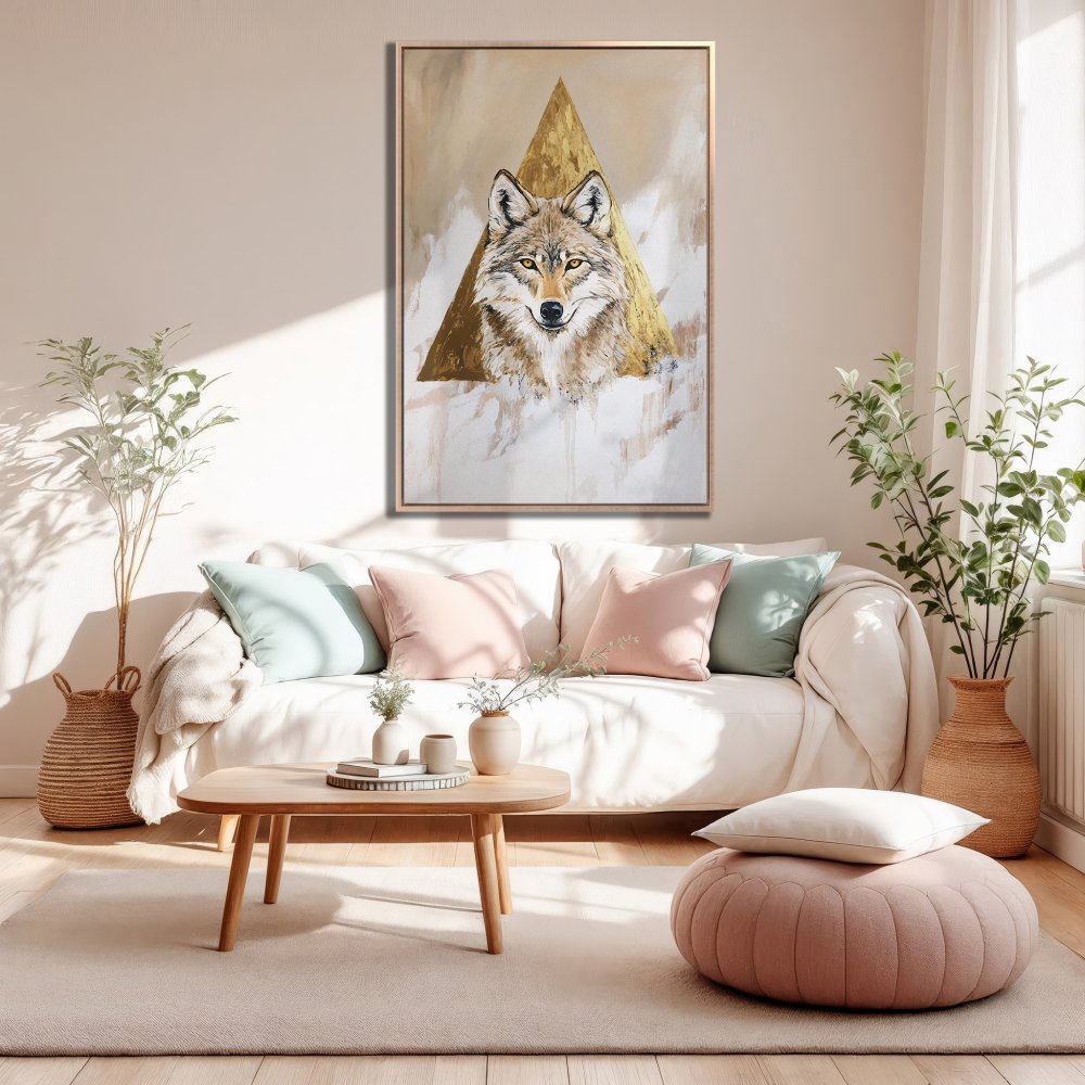 Framed Wall Art: Stunning wolf portrait Canvas Print in neutral tones. Perfect for modern living room decor. Shop now!