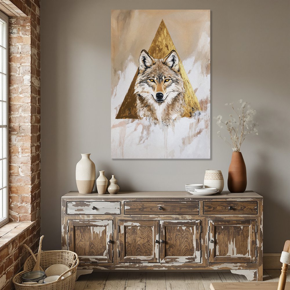 Framed Wall Art: Majestic wolf portrait in gold and neutral tones. Modern canvas print adds a touch of wilderness to your dining room decor.