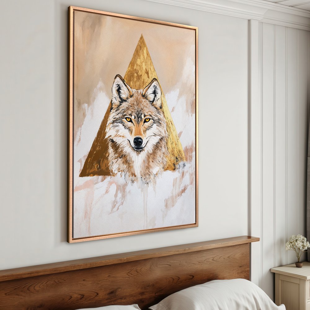 Framed Wall Art: Abstract wolf portrait with gold accents. Earthy tones of beige, brown, and gold. Modern art for your home.
