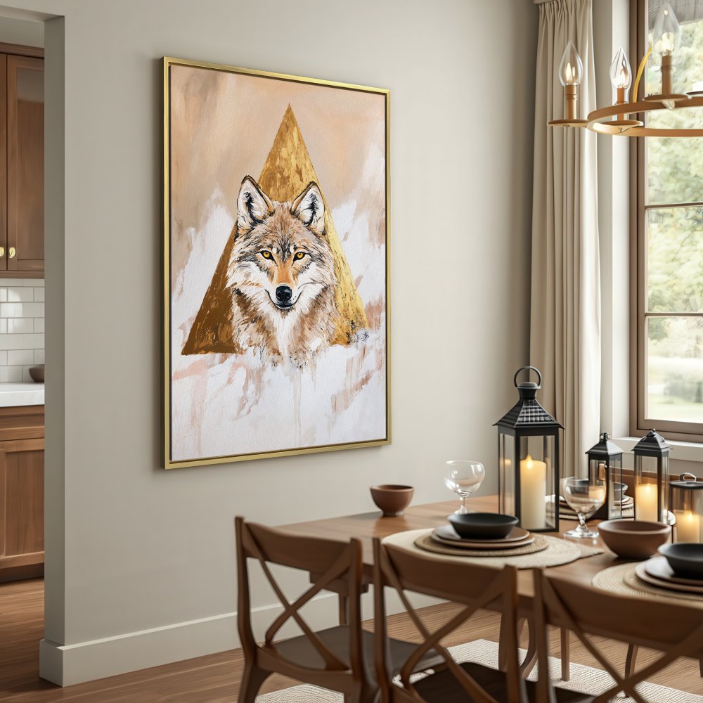 Canvas Print featuring a majestic wolf with a gold triangle, warm neutral tones. Add a touch of wild to your home decor!