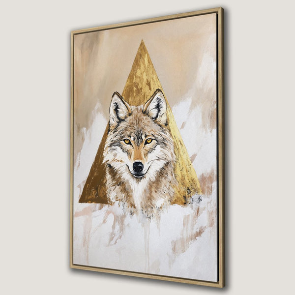 Framed Wall Art: Majestic wolf portrait with gold geometric accent. Neutral color palette, perfect for modern decor. Shop Canvas Prints today!