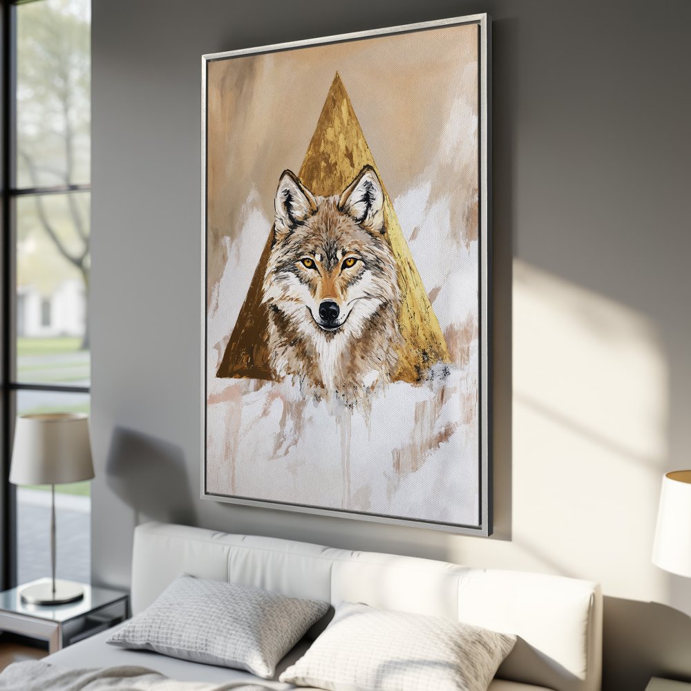 Framed Wall Art: Majestic wolf portrait in gold and neutral tones, perfect for modern home decor. Add a touch of wilderness to your space.
