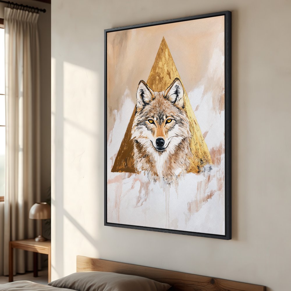 Framed Wall Art: Majestic wolf portrait in a modern, abstract style. Warm gold and neutral tones create a stunning focal point. Perfect for any room!