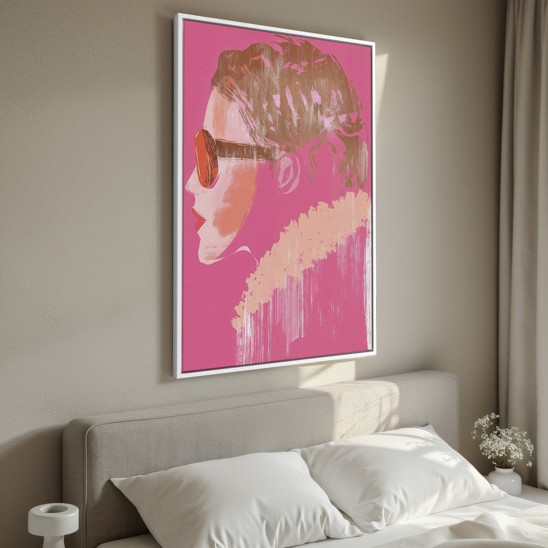 Framed Wall Art: Pop art portrait in pink, orange, and gold tones. Modern abstract style canvas print adds a stylish touch to any bedroom.
