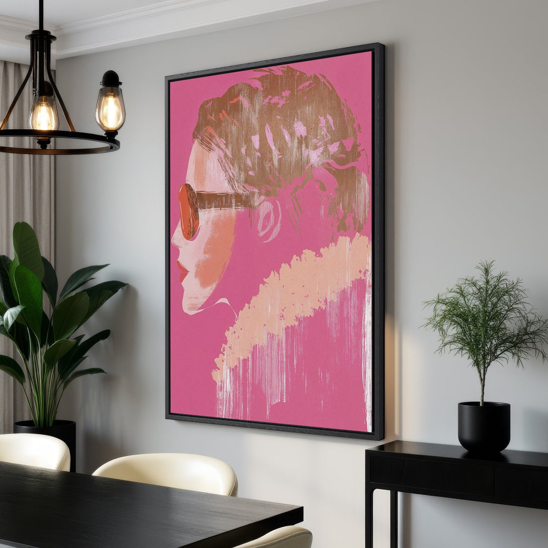 Framed Wall Art: Abstract portrait in pink & gold tones. Modern canvas print adds a pop of color to any space. Shop now for stylish wall decor!