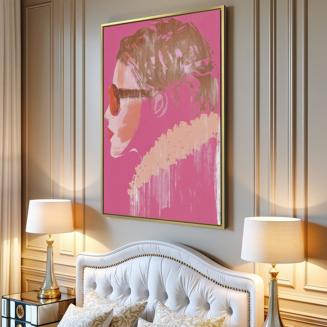 Canvas Print of a woman in sunglasses, modern art style, pink and neutral color palette, perfect for your living room.