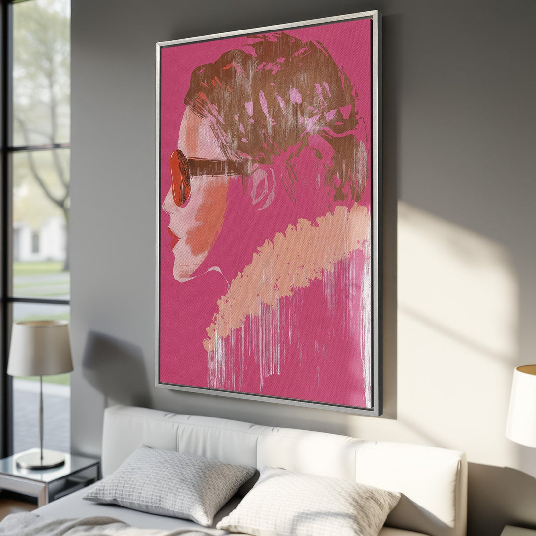 Framed Wall Art: Abstract portrait in pink, peach, and brown tones. Modern art canvas print adds a pop of color to any interior. Shop now!