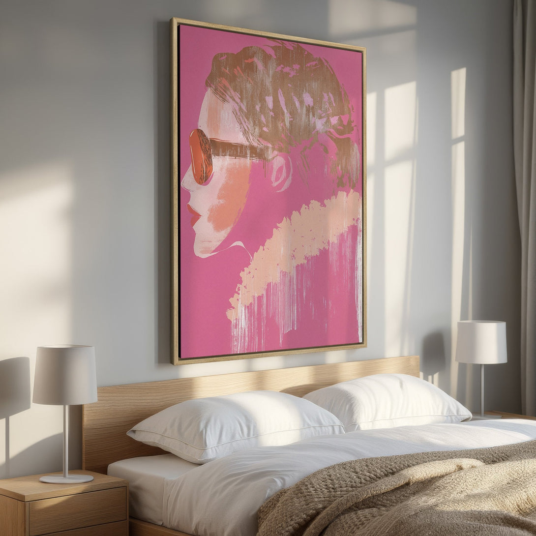 Framed Wall Art featuring a stylish profile in pink and gold abstract art. Perfect bedroom decor to add a pop of color and modern style.
