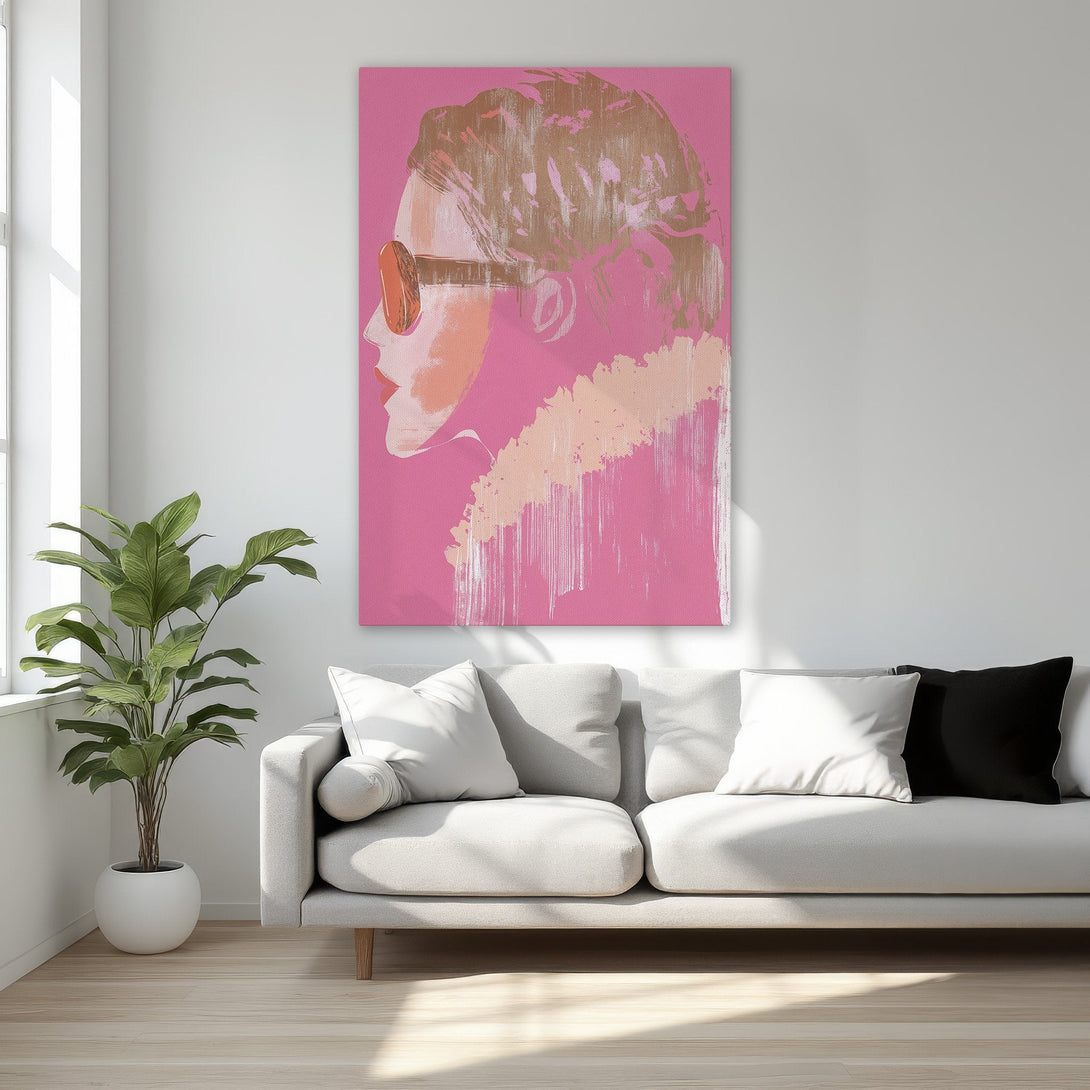 Framed Wall Art: Pop art portrait in pink and gold. Modern abstract canvas print for a stylish bedroom.