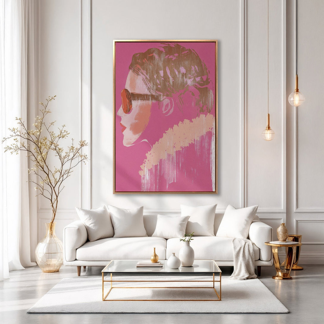 Framed Wall Art: Modern portrait in pink and gold tones, displayed in a stylish interior. Elevate your space with this stunning Canvas Print!