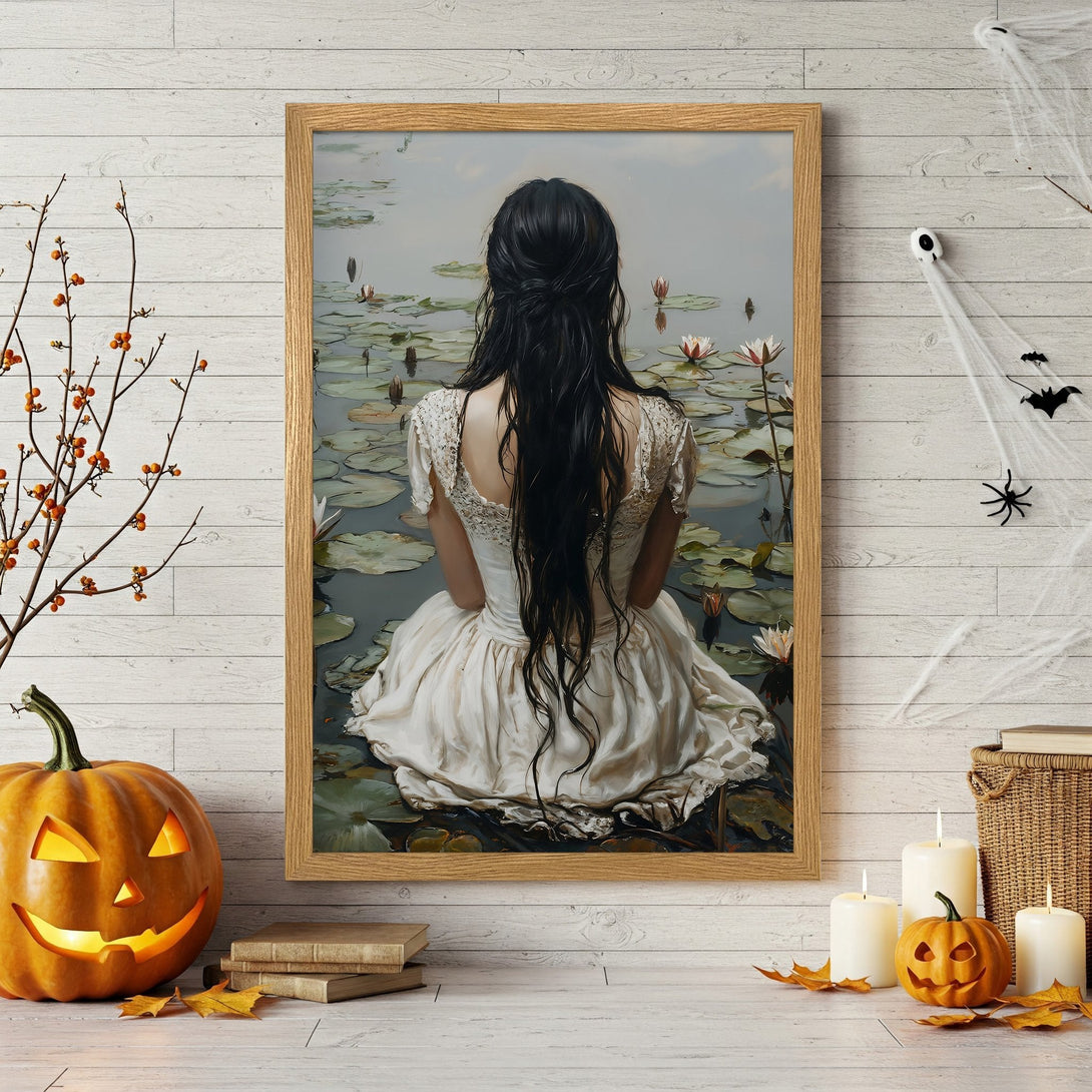 Framed Poster featuring a woman with floral hair, Art Nouveau style, with a warm, autumnal color palette. Perfect Halloween decor!