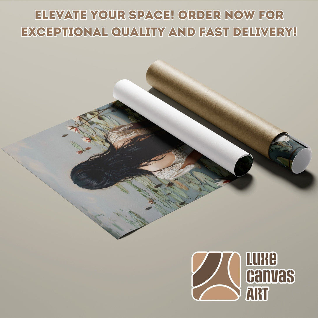 Poster Roll featuring a woman with flowers, art nouveau style, warm color palette.