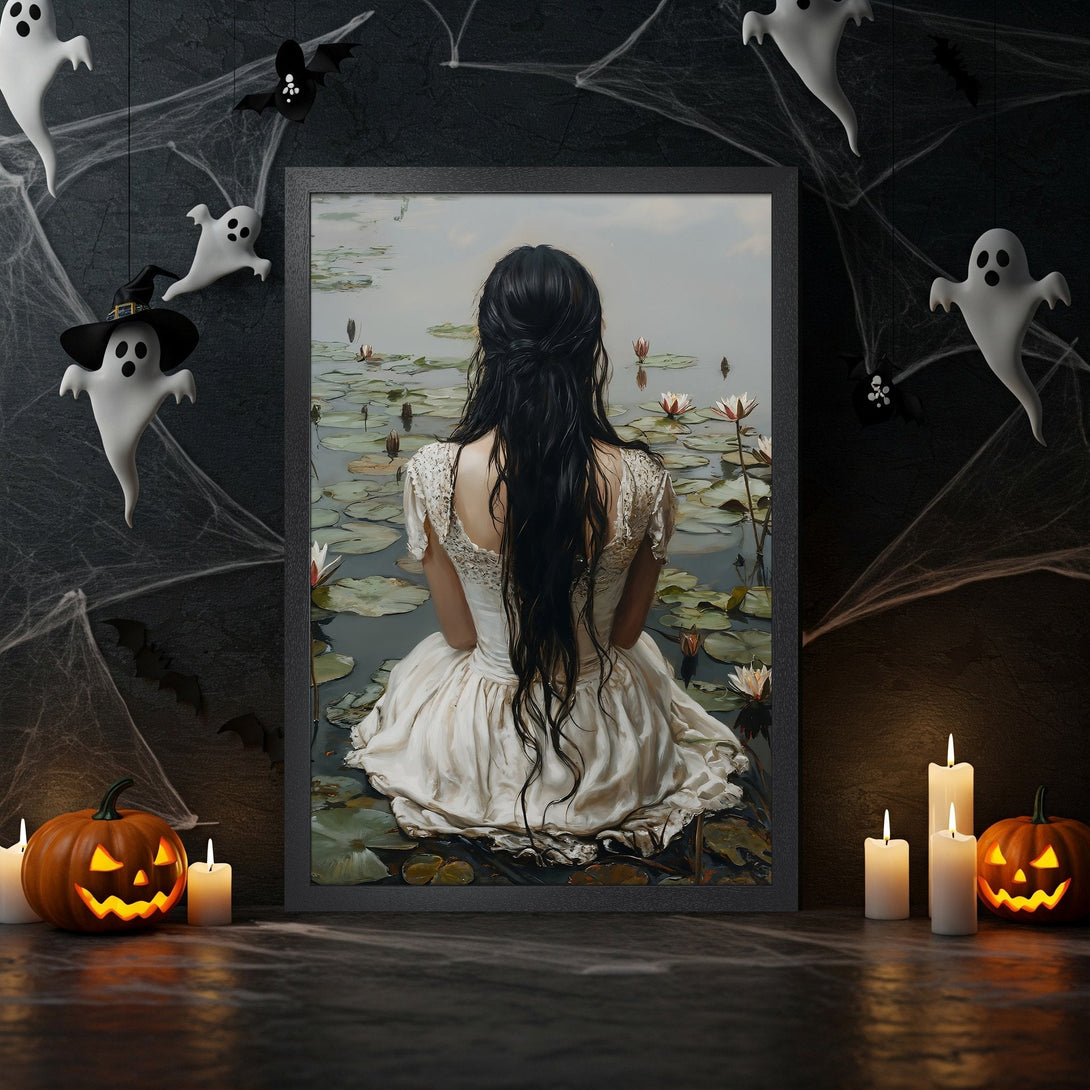 Framed Poster featuring a woman with flowers, art nouveau style, in a black and orange color palette. Perfect Halloween decor.