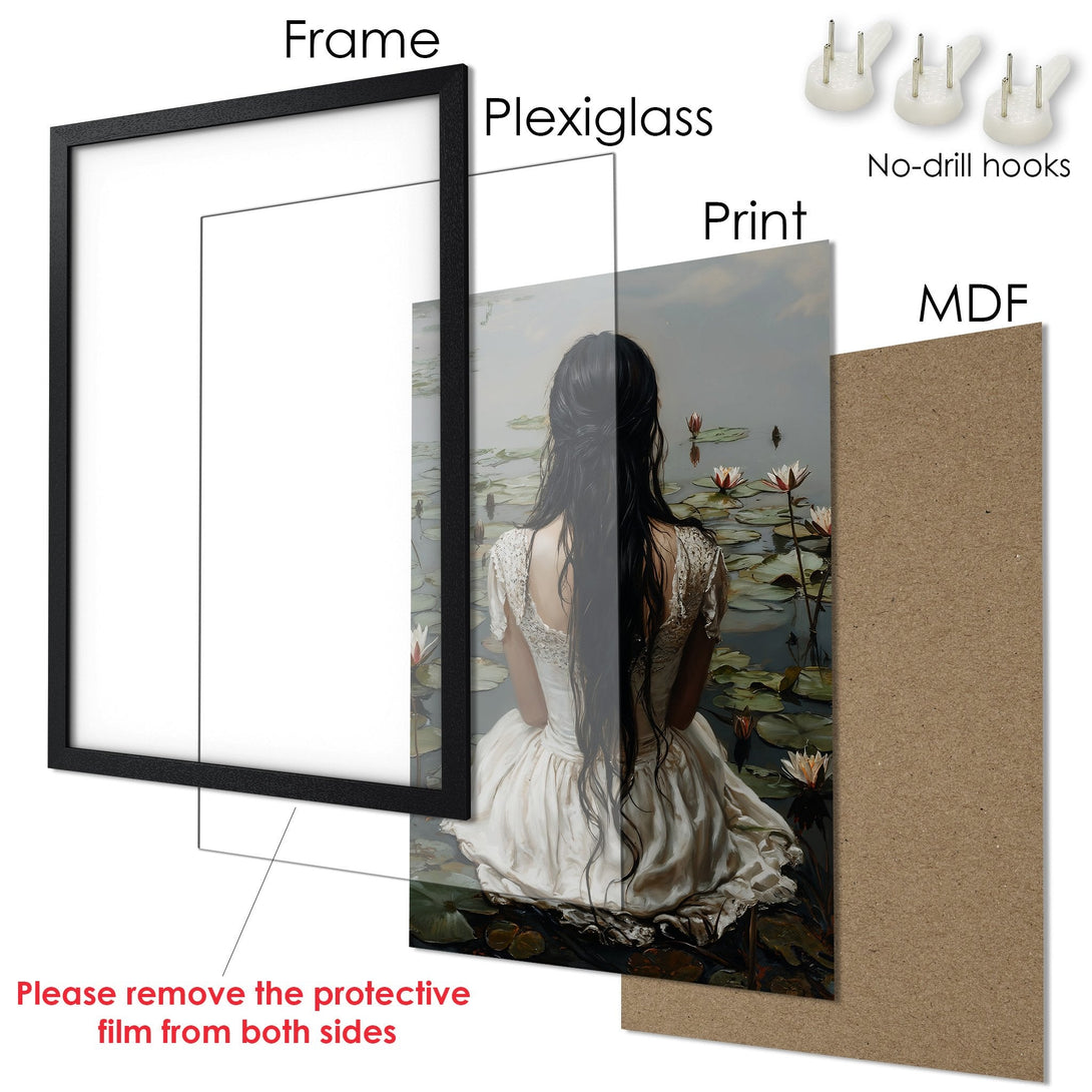 Framed Poster featuring a woman with flowing hair, floral accents, and a warm color palette. Perfect wall art for any room!