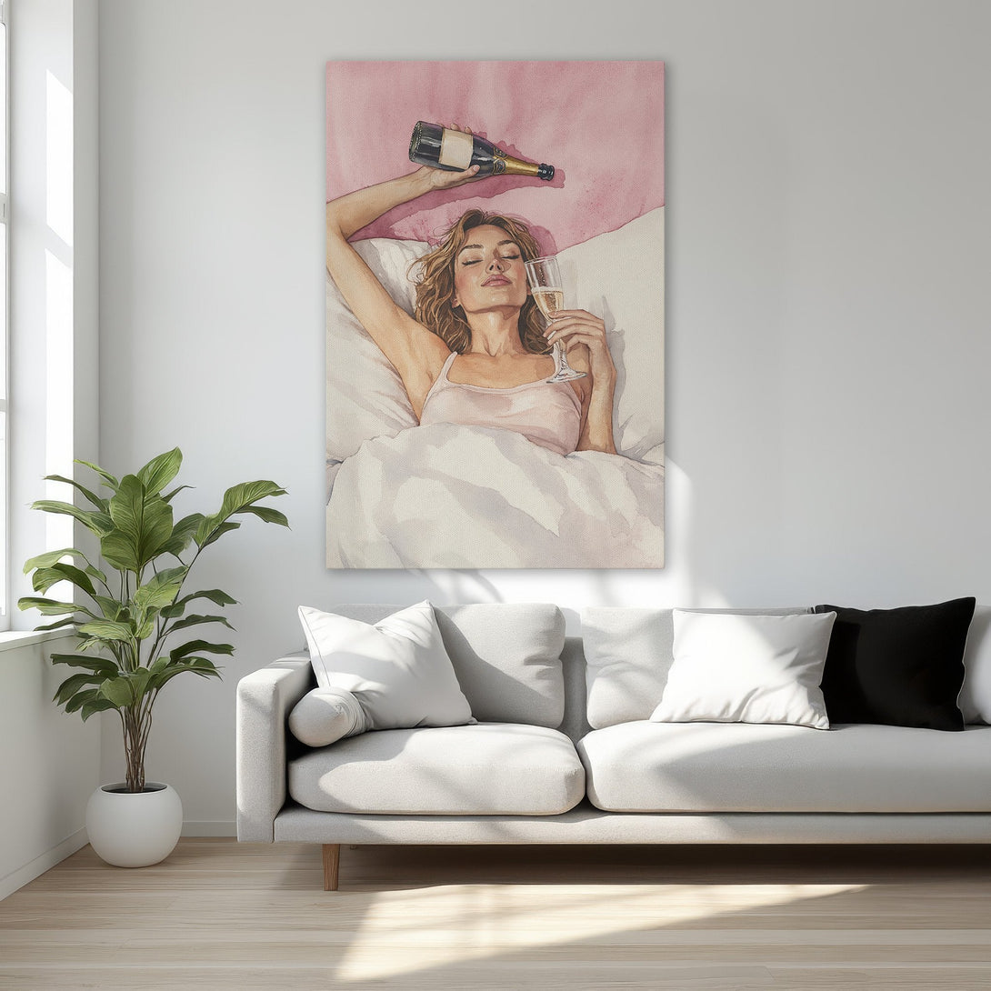 Framed Wall Art featuring a woman relaxing with champagne. Watercolor style, soft pink and neutral color palette, perfect for bedroom decor.