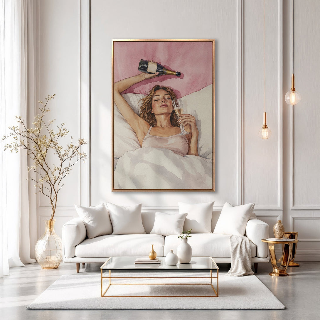Framed Wall Art: Watercolor painting of woman with champagne in a modern interior. Soft pink and gold tones create a luxurious and relaxing vibe.