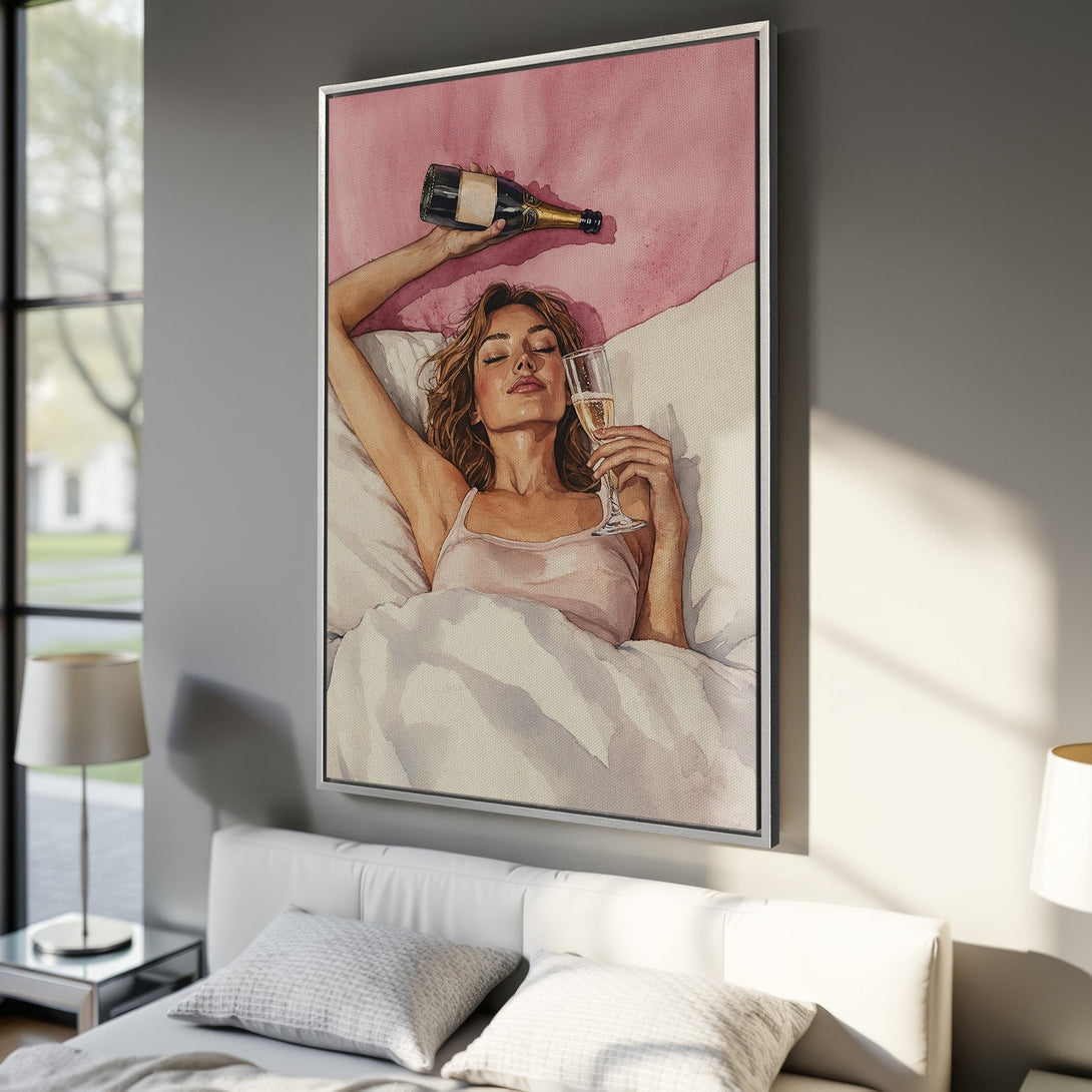 Framed Wall Art: Watercolor painting of a woman relaxing with champagne. Soft pink & neutral tones. Perfect for bedroom decor.