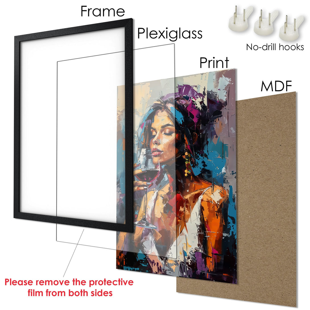 Framed Poster featuring a woman with a glass of wine, abstract style, vibrant colors. Perfect wall art!
