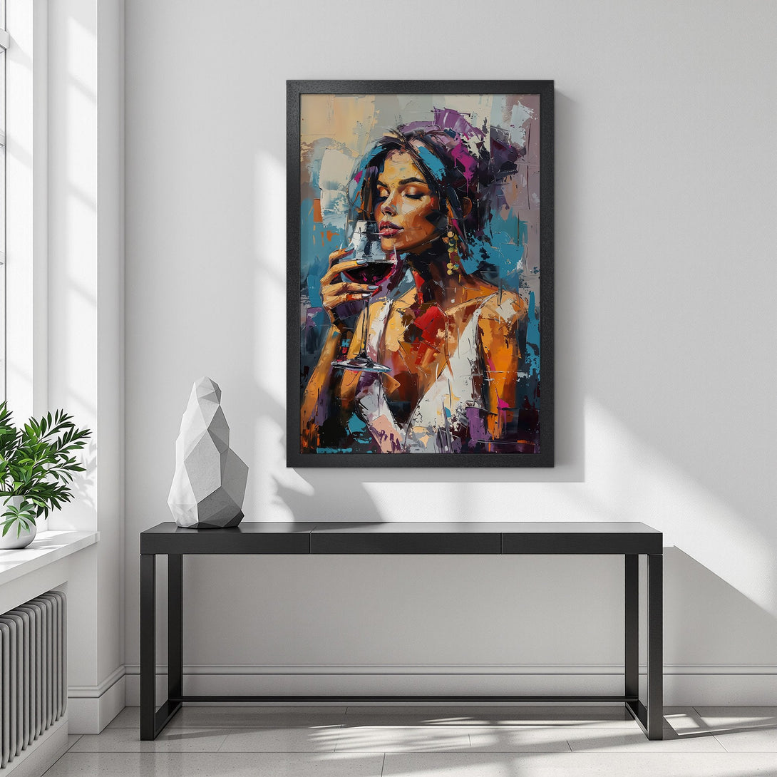 Framed Poster of woman enjoying wine, vibrant oil painting style, warm orange, blue, and purple hues. Perfect wall art!