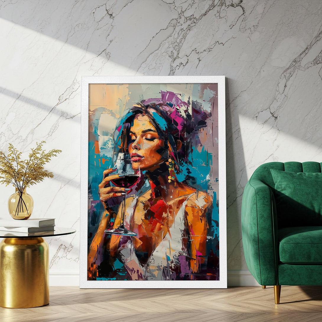 Framed Poster of a woman enjoying wine, abstract style with vibrant blues, oranges, and purples. Perfect wall art for any space.