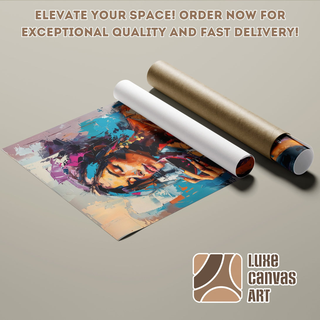 Abstract art poster roll featuring a woman's face, vibrant colors, and an expressive style. Order your poster today!