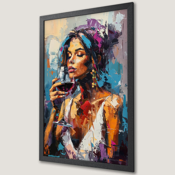Framed Poster of a woman enjoying wine, abstract expressionist style, vibrant orange, blue, and purple color palette.
