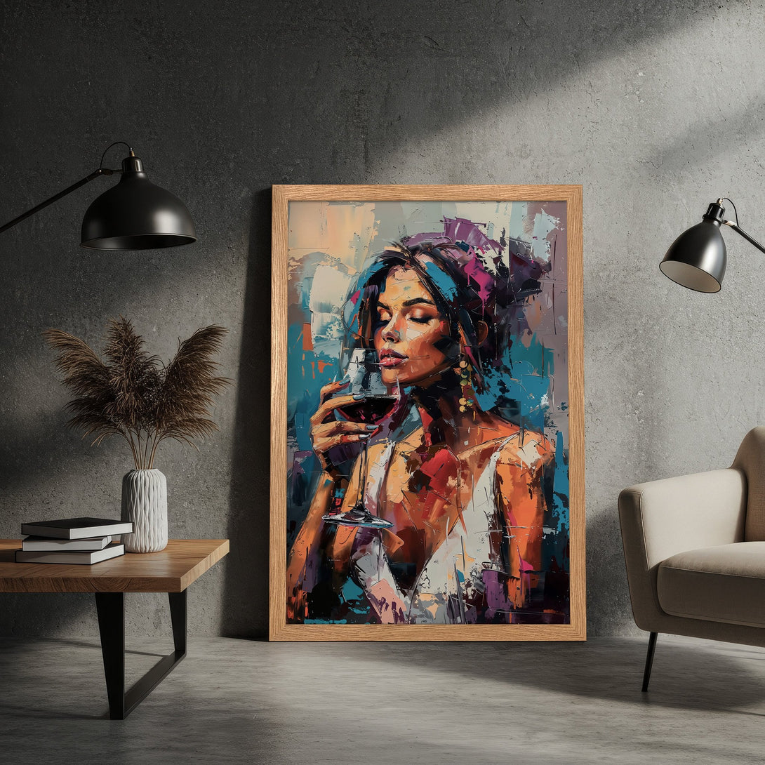 Framed Poster of woman enjoying wine. Abstract style with vibrant colors: teal, orange, purple, and red. Perfect wall art for your home!