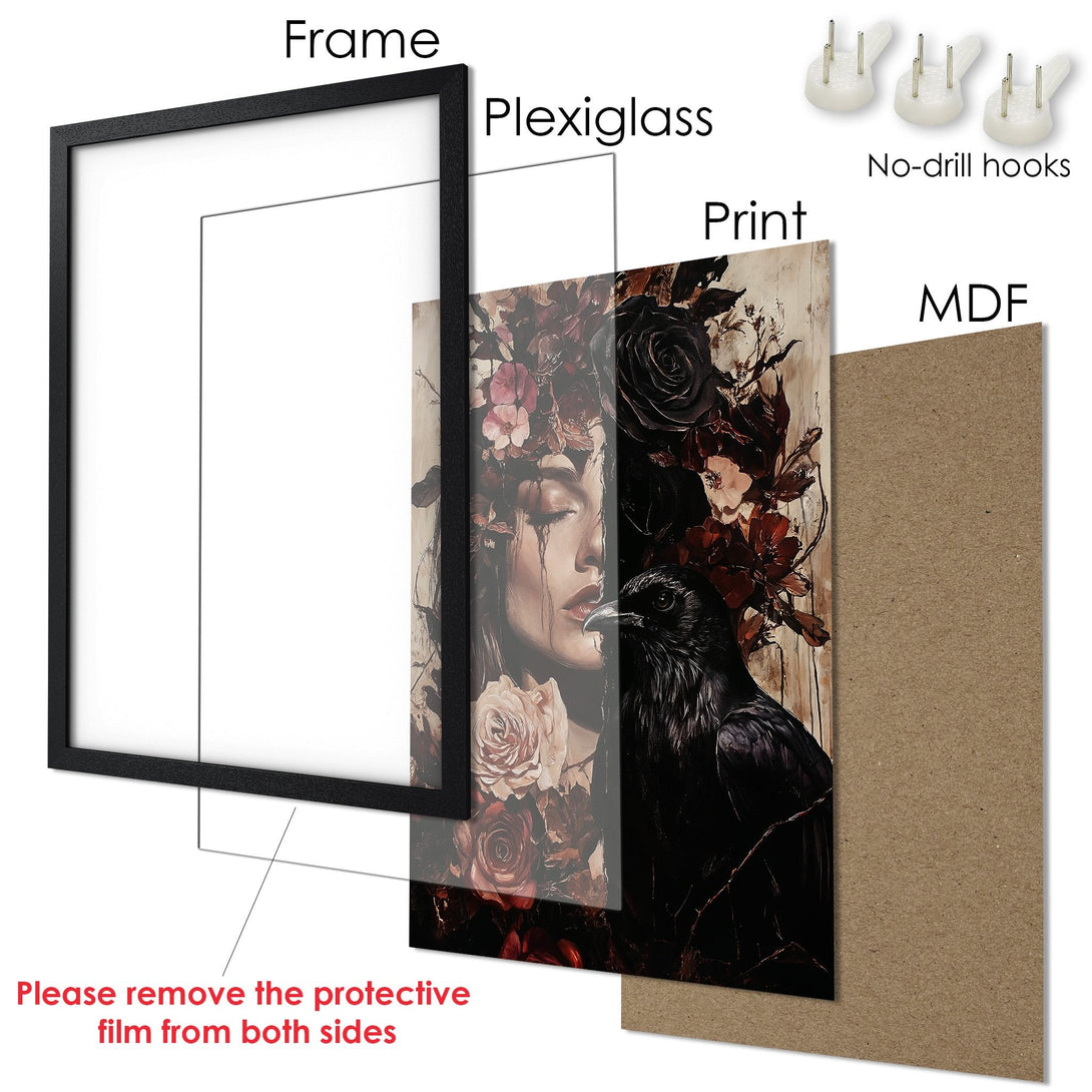 Framed Poster featuring a woman with flowers and a raven, dark and moody style, rich burgundy and black color palette.