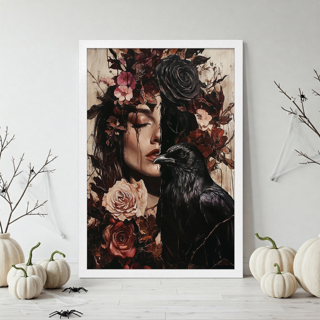 Framed Poster featuring a woman with a raven, floral crown, and dark red color palette. Gothic art style. Perfect for Halloween decor.