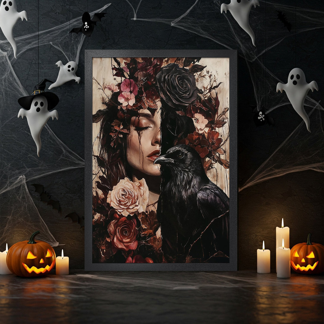Framed Poster featuring a woman with roses and a raven, gothic art style, dark red and black color palette, perfect for Halloween decor.
