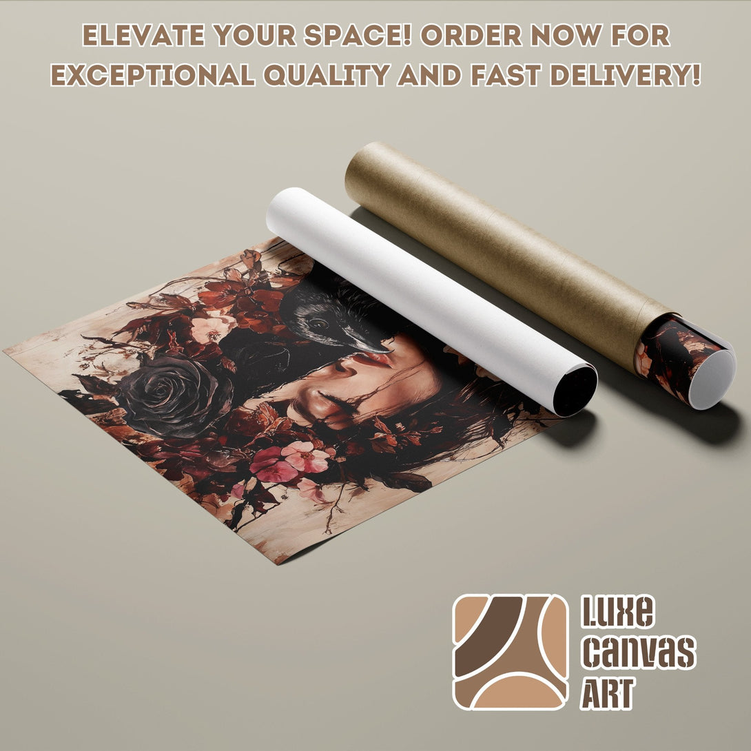 Poster Roll featuring a woman with flowers, dark & moody style, rich brown tones. Elevate your space!